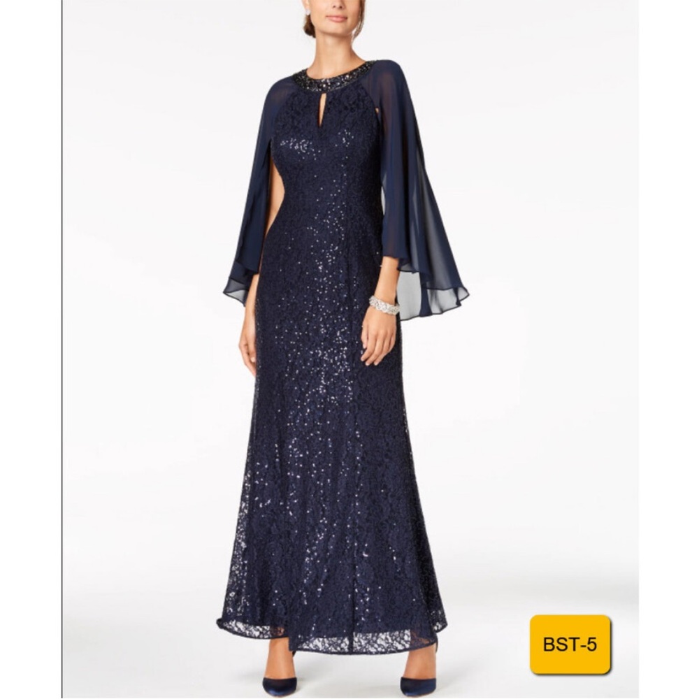 Ignite Evenings Sequin Lace Dress, Sheer Cape Sleeves, Deep Navy, Size 18W
